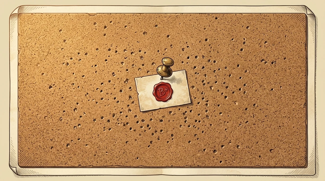 A corkboard full of empty pinholes with one graded card held by a brass tack