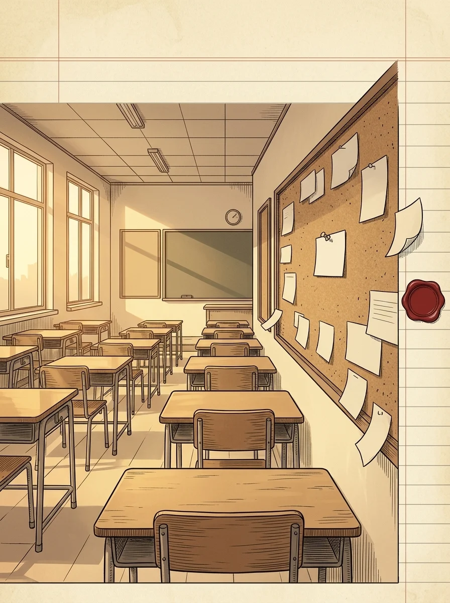 An empty classroom at golden hour facing a wall-length corkboard